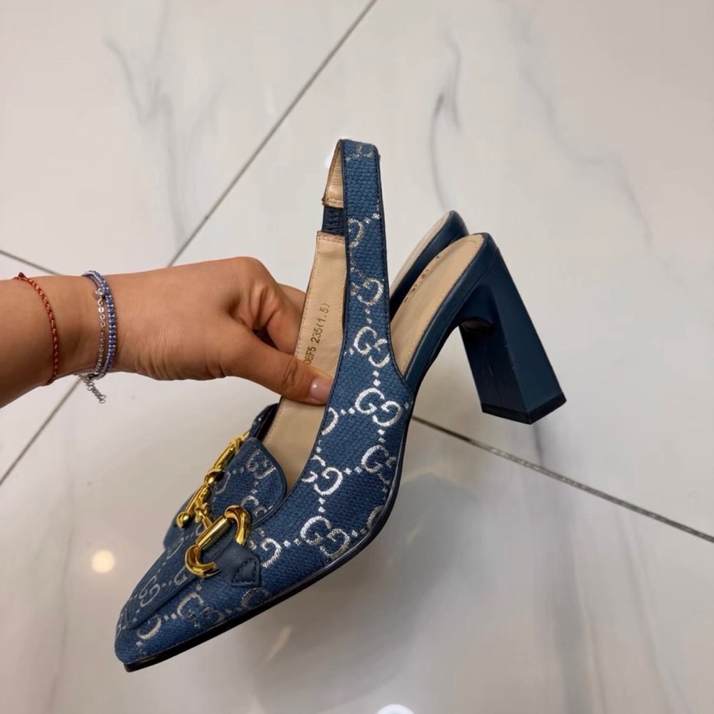 Gucci Women's Blue and Gold Patterned Slingback Heels - Picture 2 of 3